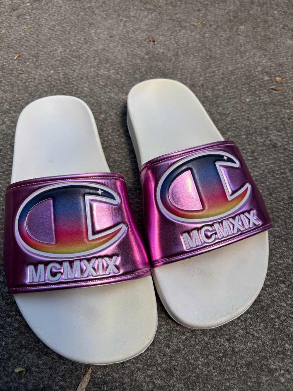 Champion Kids Metallic Pink Gradient Slide Sandals with Rainbow Logo UK 4.5